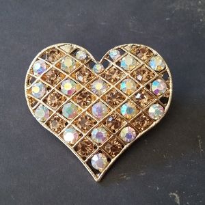 Heart brooch gold and Aurora Borealis crystals